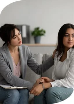 Two women engaged in conversation while seated on a couch