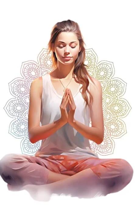 A woman meditating in a lotus position with her hands crossed, finding inner peace and tranquility.