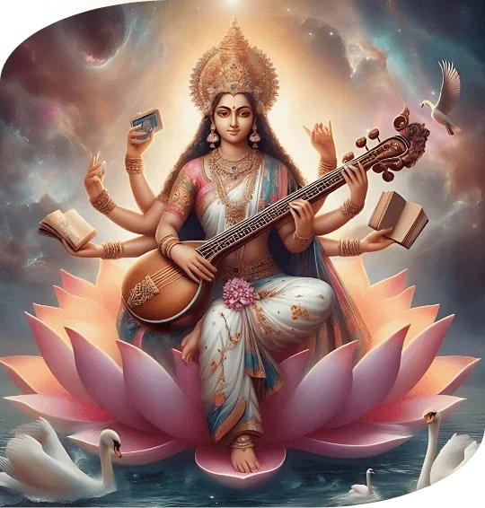 Maa Saraswati, the avatar of Goddess Saraswati, radiates divine grace and prosperity.