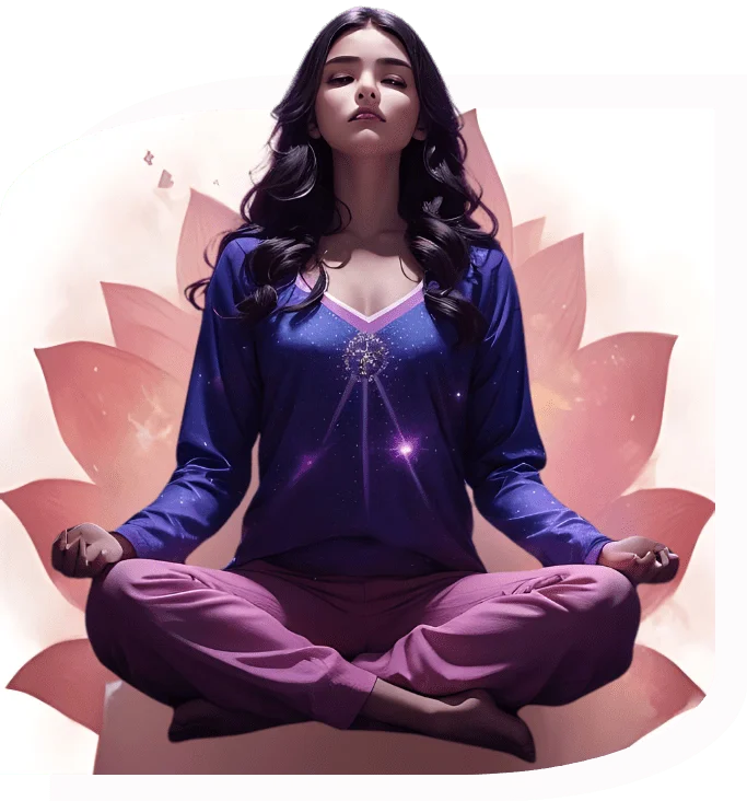 A woman in purple and blue sitting in a lotus position, demonstrating calmness and inner peace.