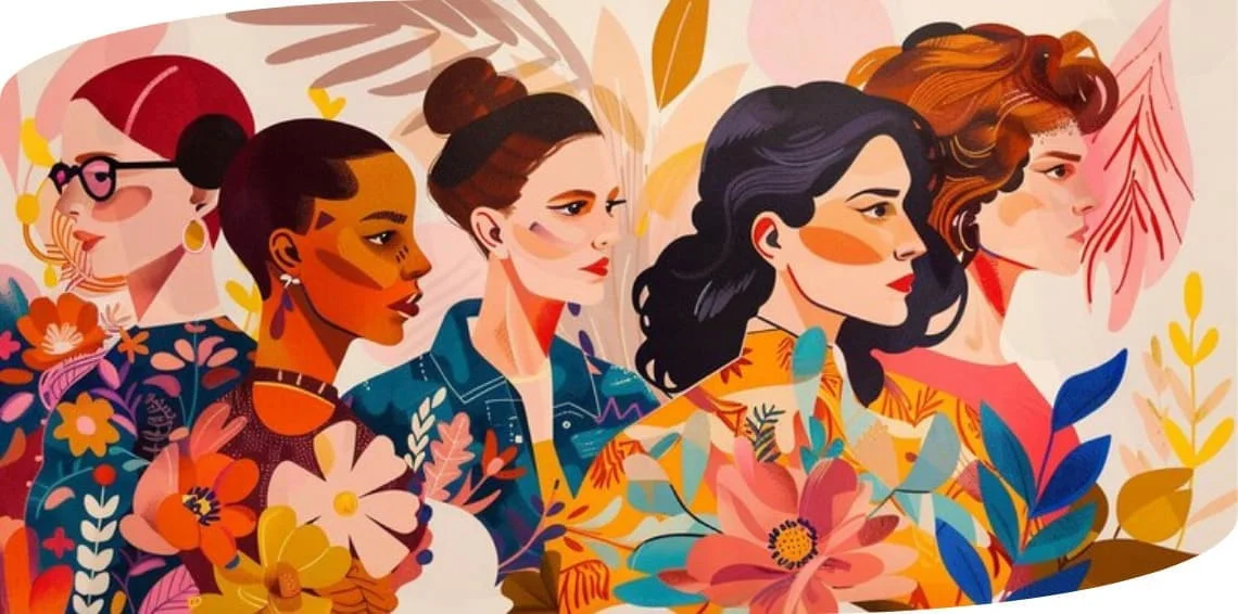 A painting of women surrounded by colorful flowers and leaves.