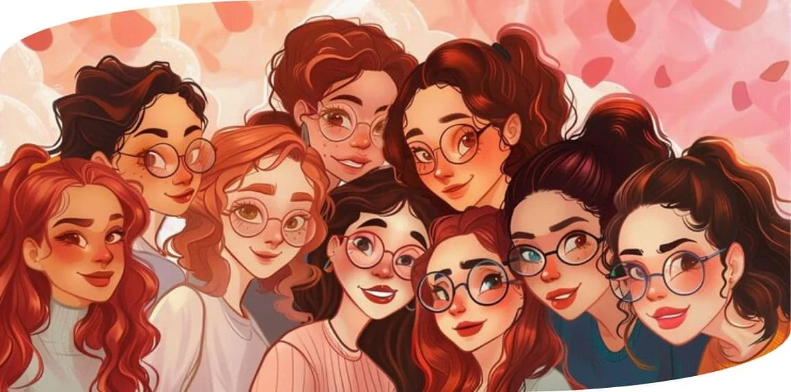 A diverse group of girls with glasses and red hair smiling together.