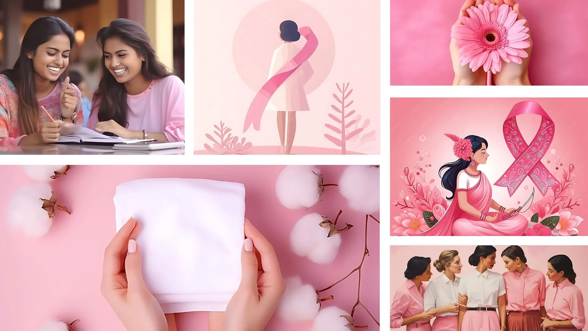 A collage of images featuring women in various shades of pink attire, showcasing diversity and empowerment.