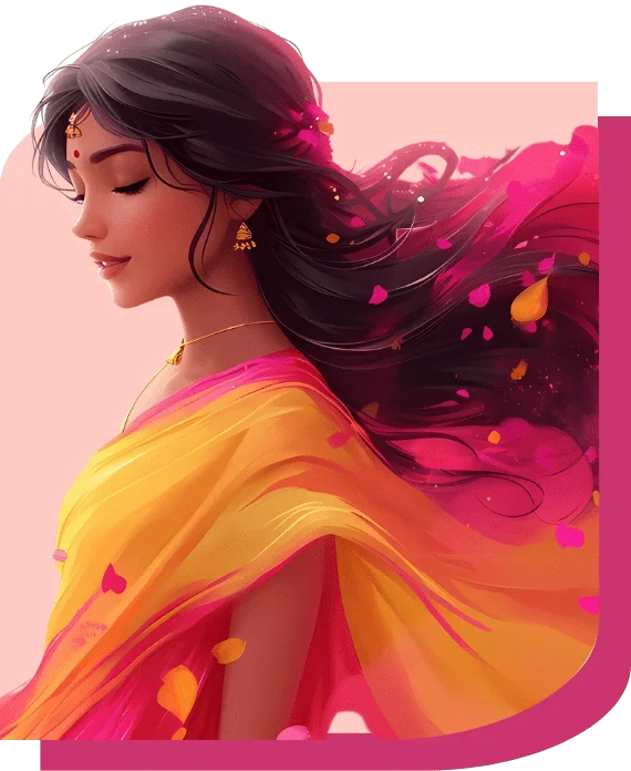 Image of a girl in a pink sari with beautiful long black hair.