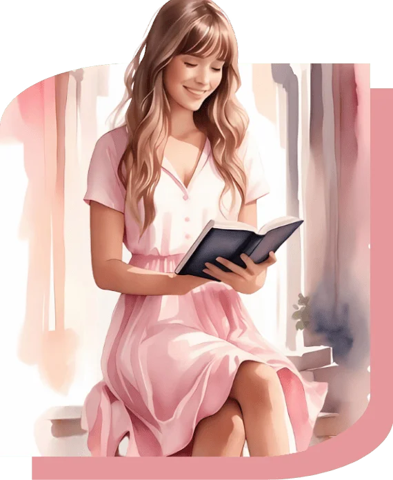 A woman in a pink dress engrossed in reading a book.