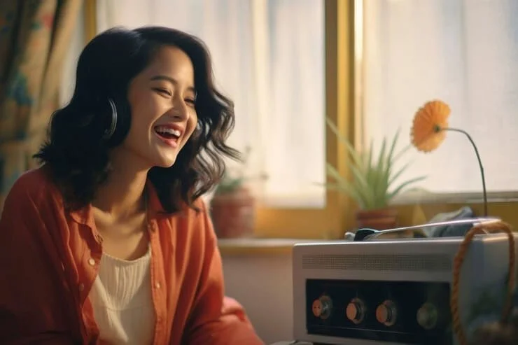 A woman smiling while listening to music with closed eyes, showing a sense of joy and relaxation.