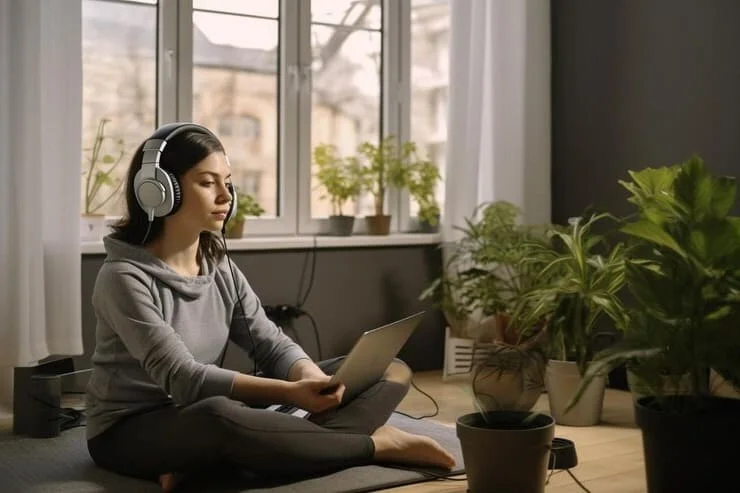 A woman smiling while listening to music with closed eyes, showing a sense of joy and relaxation.