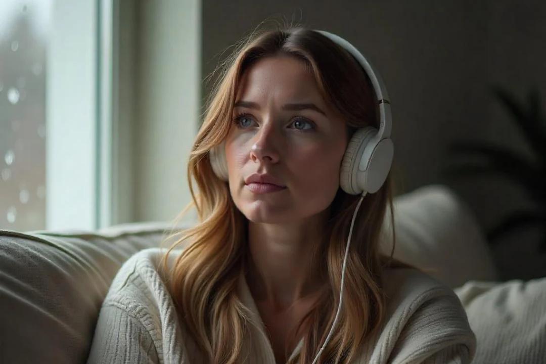 A woman smiling while listening to music with closed eyes, showing a sense of joy and relaxation.